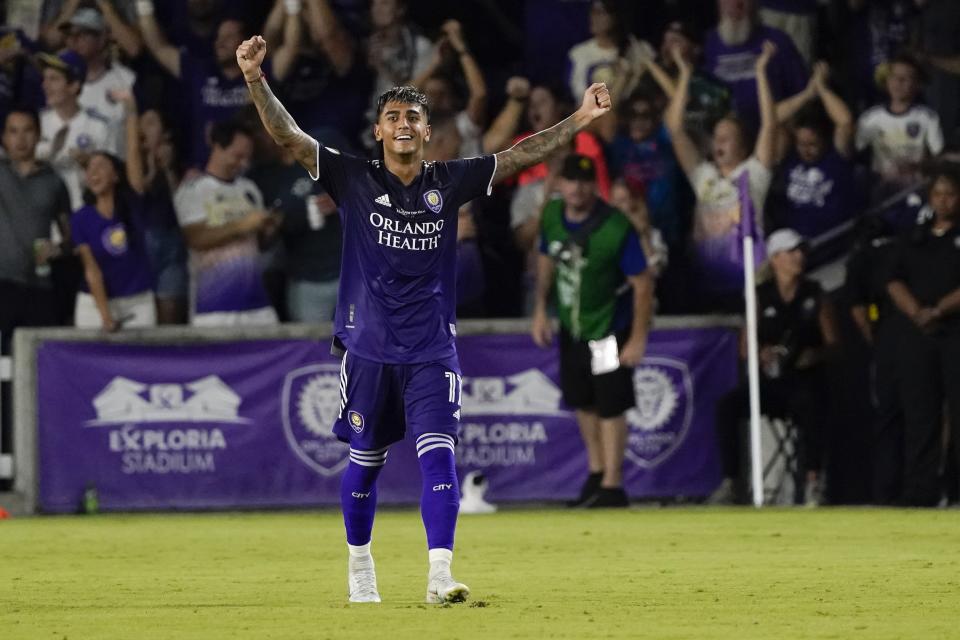 Orlando City's Facundo Torres celebrates after scoring a goal against Sacramento during the second half of the U.S. Open Cup Final soccer match, Wednesday, Sept. 7, 2022, in Orlando, Fla. (AP Photo/John Raoux)