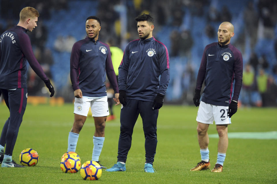 Manchester City’s Kevin De Bruyne, Raheem Sterling, Sergio Aguero and David Silva (AP Photo/Rui Vieira)