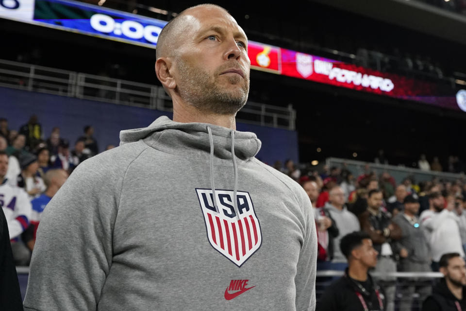 FILE - United States head coach Gregg Berhalter looks onto the pitch before an international friendly soccer match against Ghana, Tuesday, Oct. 17, 2023, in Nashville, Tenn. Berhalter has pressure to produce good results at the Copa America, from fans if not the U.S. Soccer Federation, in the strongest test for the American team before the 2026 World Cup. (AP Photo/George Walker IV, File)