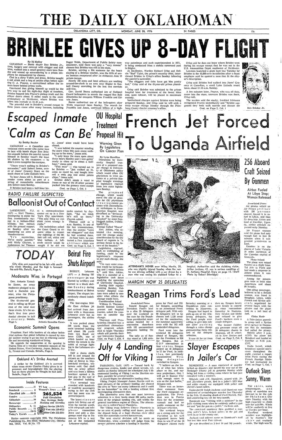 The head "BRINLEE GIVES UP 8-DAY FLIGHT" spread across the top of the June 28, 1976 edition of The Daily Oklahoman.