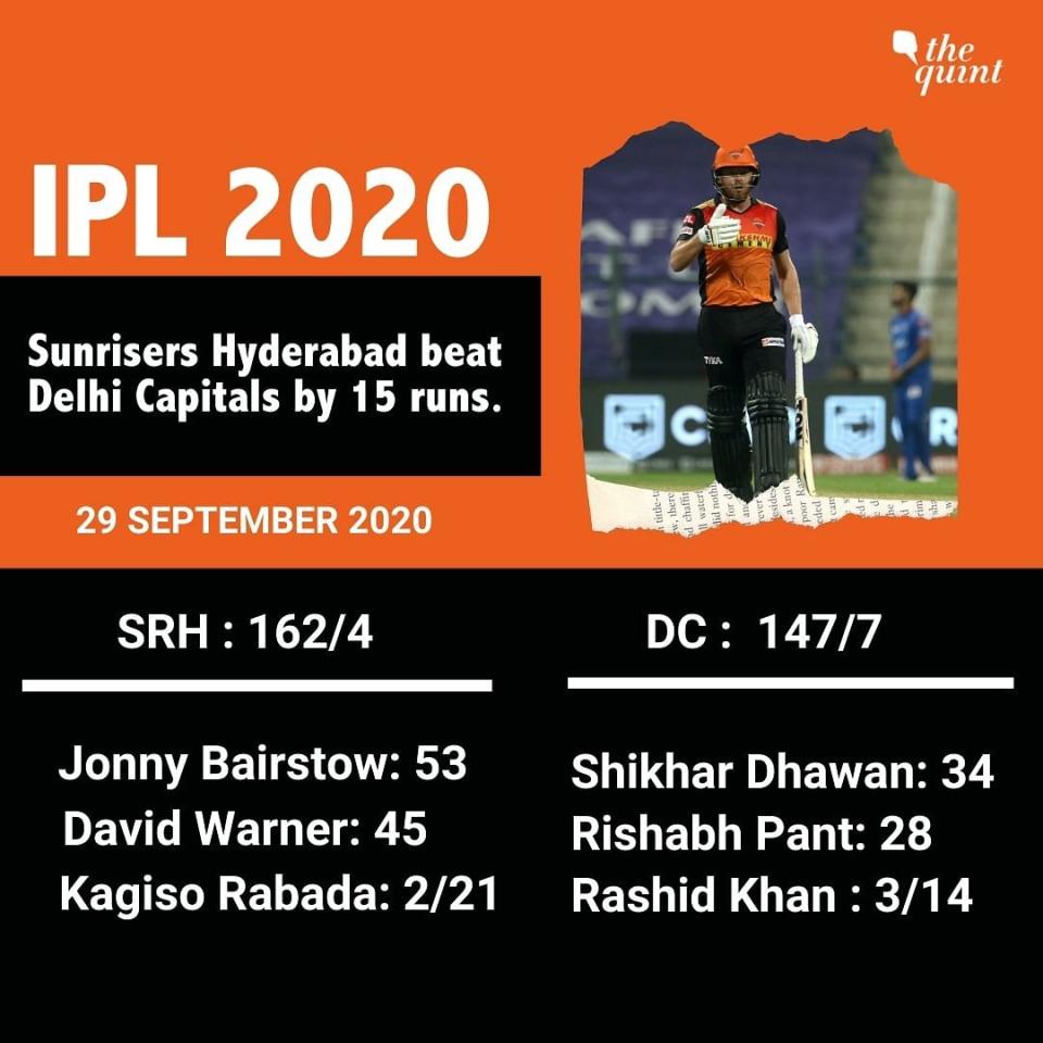 Delhi Capitals vs Sunrisers Hyderabad scorecard