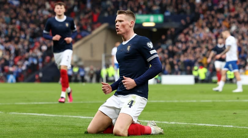   Scott McTominay celebrates one of his two goals for Scotland against Cyprus in March 2023. 