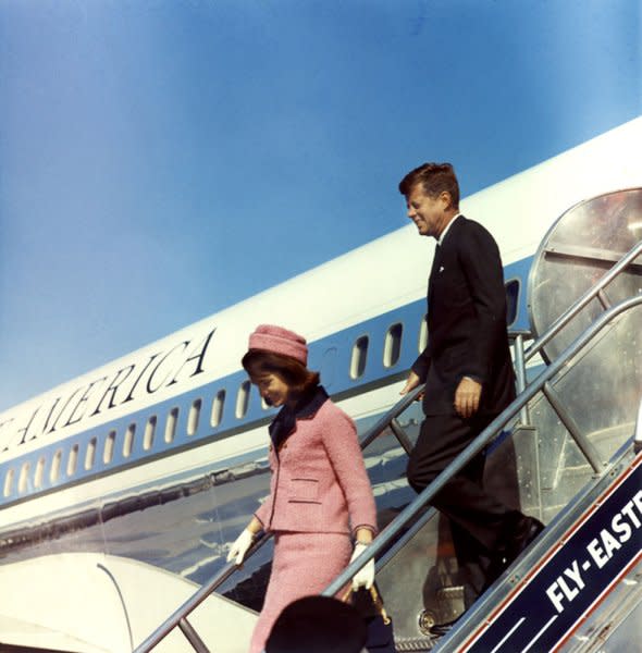 President John F. Kennedy and first lady Jacqueline Kennedy deplane from Air Force One at Love Field in Dallas on November 22, 1963. He was slain hours later. Photo by Cecil Stoughton/John F. Kennedy Presidential Library & Museum