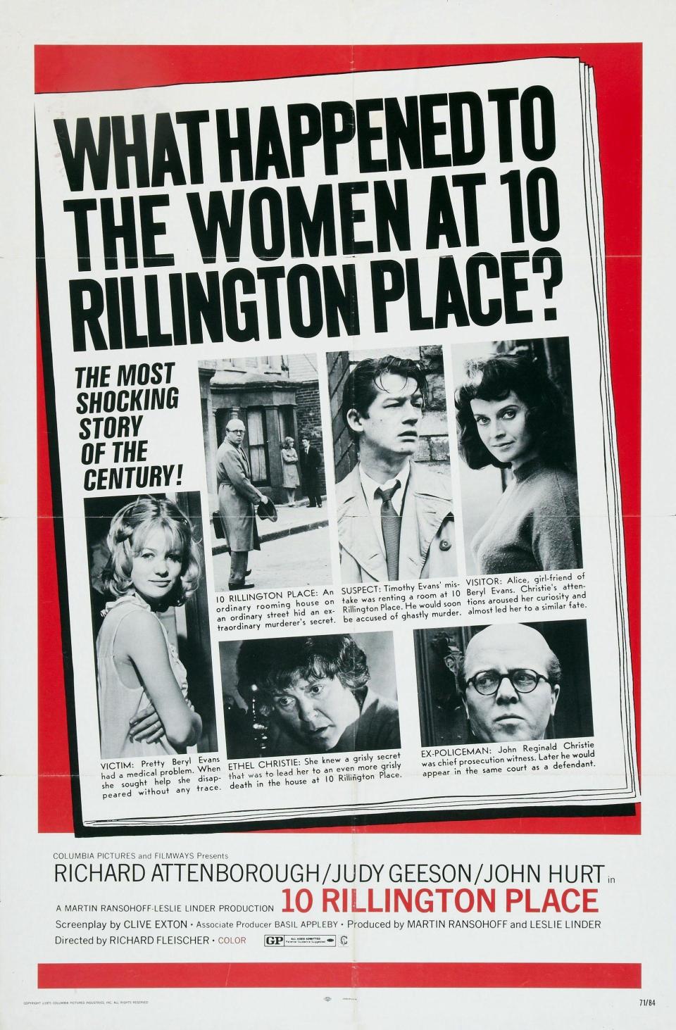 Poster image for the film "10 Rillington Place" with photos of the cast pictured in black and white on a newspaper cover page with the words "What Happened to the Women at 10 Rillington Place" as the headline