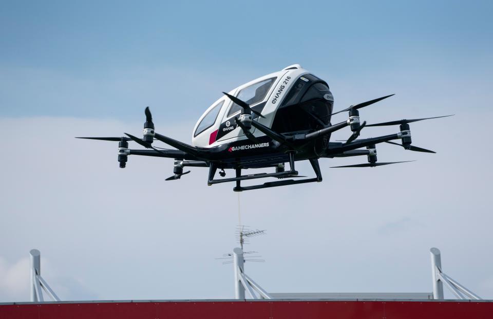 An unmanned Air Taxi EHANG 216 takes off during a press preview of FACC AG on "Urban Air Mobility" at Generali Arena in Vienna, Austria on April 4, 2019. - China's EHANG and Austrian FACC AG plan to produce 300 Taxi drones by 2020. (Photo by JOE KLAMAR / AFP)        (Photo credit should read JOE KLAMAR/AFP via Getty Images)