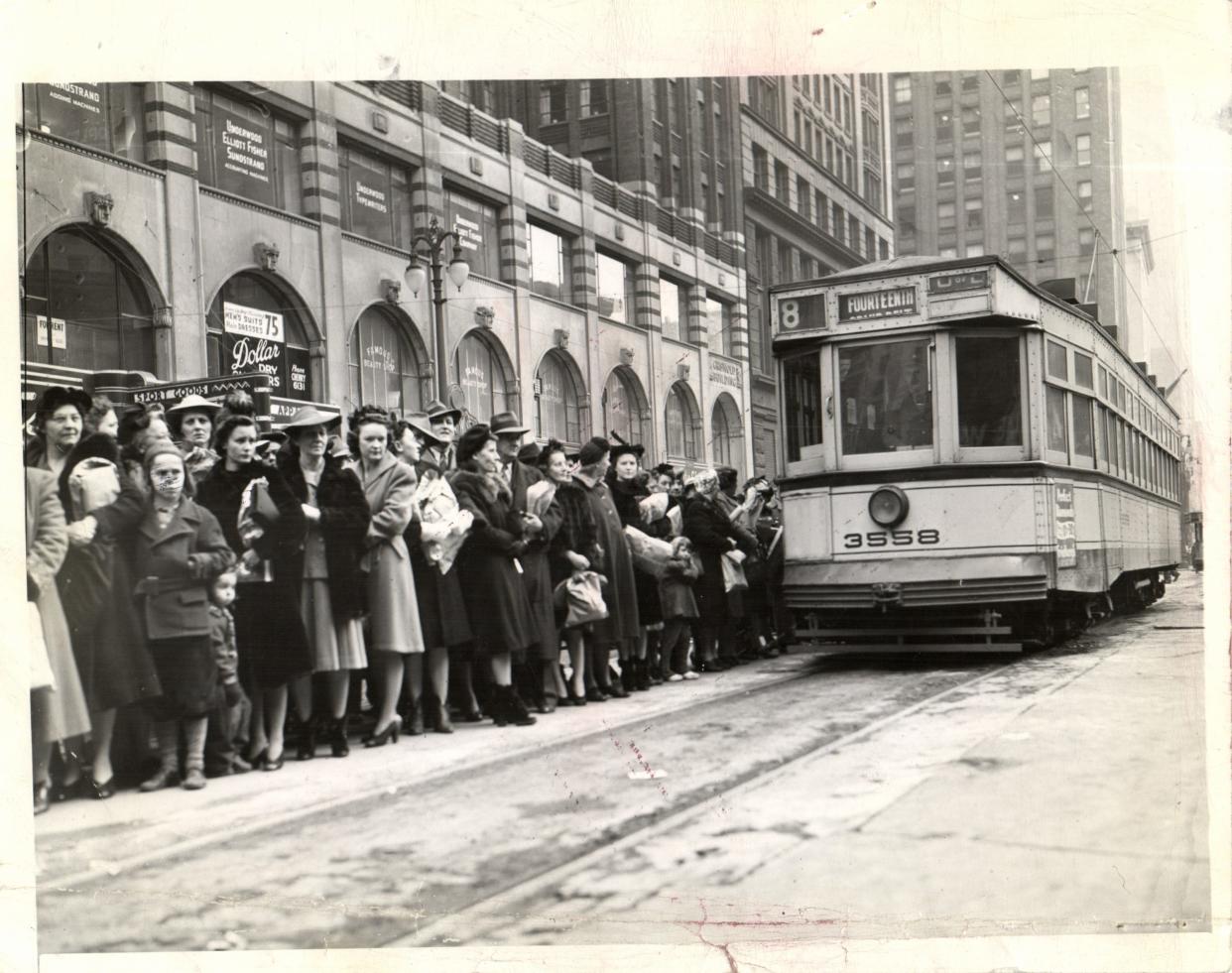 The heyday of the Detroit street car in 1942. Several years later, a 1.6 mile downturn subway was proposed but Mayor Eugene Antwerp didn't support it.