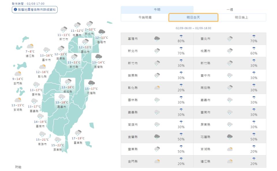 明日白天天氣。（圖取自中央氣象署網站）