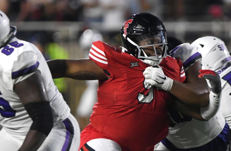 Texas Tech defensive tackle Quincy Ledet (5) fends off a blocker during the Red Raiders' Sept. 16 victory over Tarleton State. Ledet is one of eight seniors on the 2023 team who plans to exercise the Covid-bonus year option for 2024, a Tech athletics spokesman said Sunday.