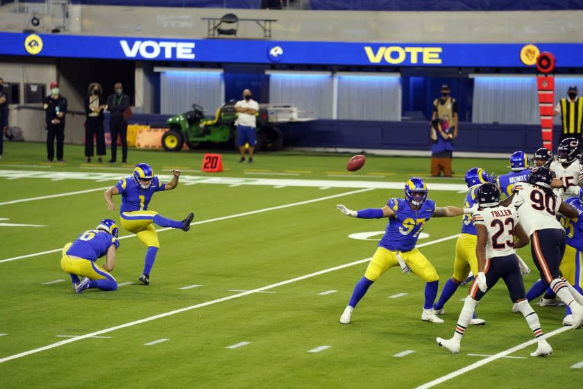 Rams kicker Samuel Sloman makes a field goal against the Chicago Bears on Oct. 26 at SoFi Stadium.