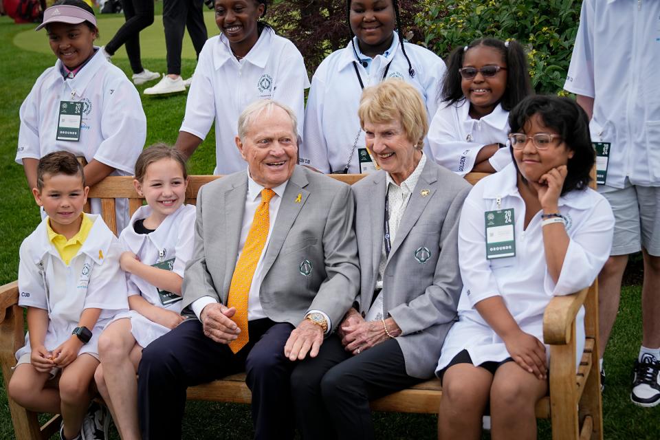 Jun 5, 2024; Columbus, Ohio, USA; Jack and Barbara Nicklaus sits with kids in the Nationwide Children’s Hospital Golden Cub program during a practice day for the Memorial Tournament at Muirfield Village Golf Club.