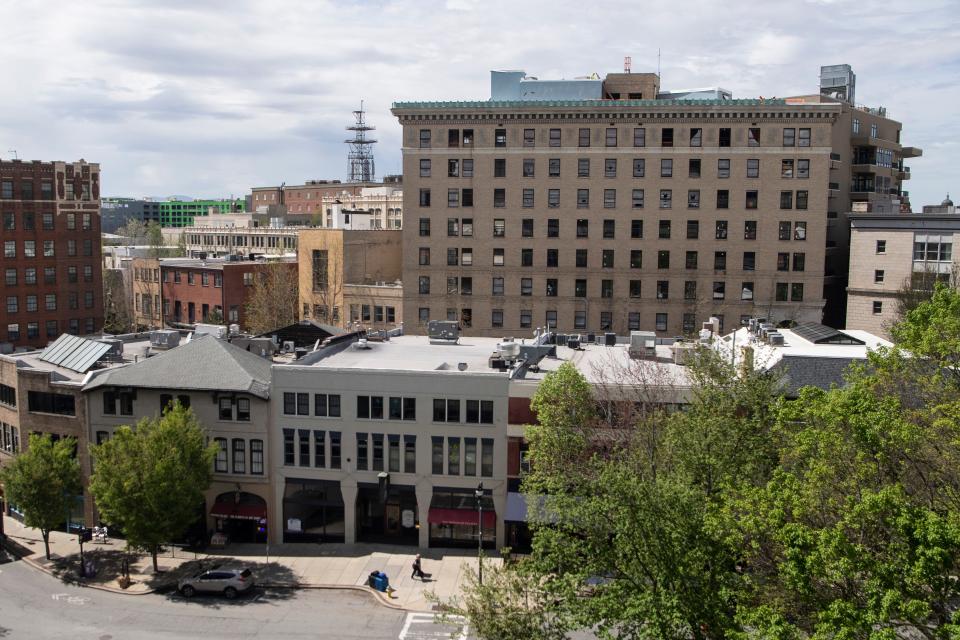 A view of the Flat Iron building from above Patton Ave and College St in downtown Asheville, April 13, 2023.