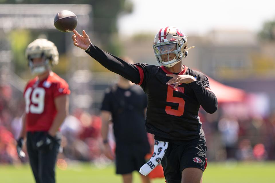 San Francisco 49ers quarterback Trey Lance (5) throws the football during Training Camp at the SAP Performance Facility near Levi Stadium.