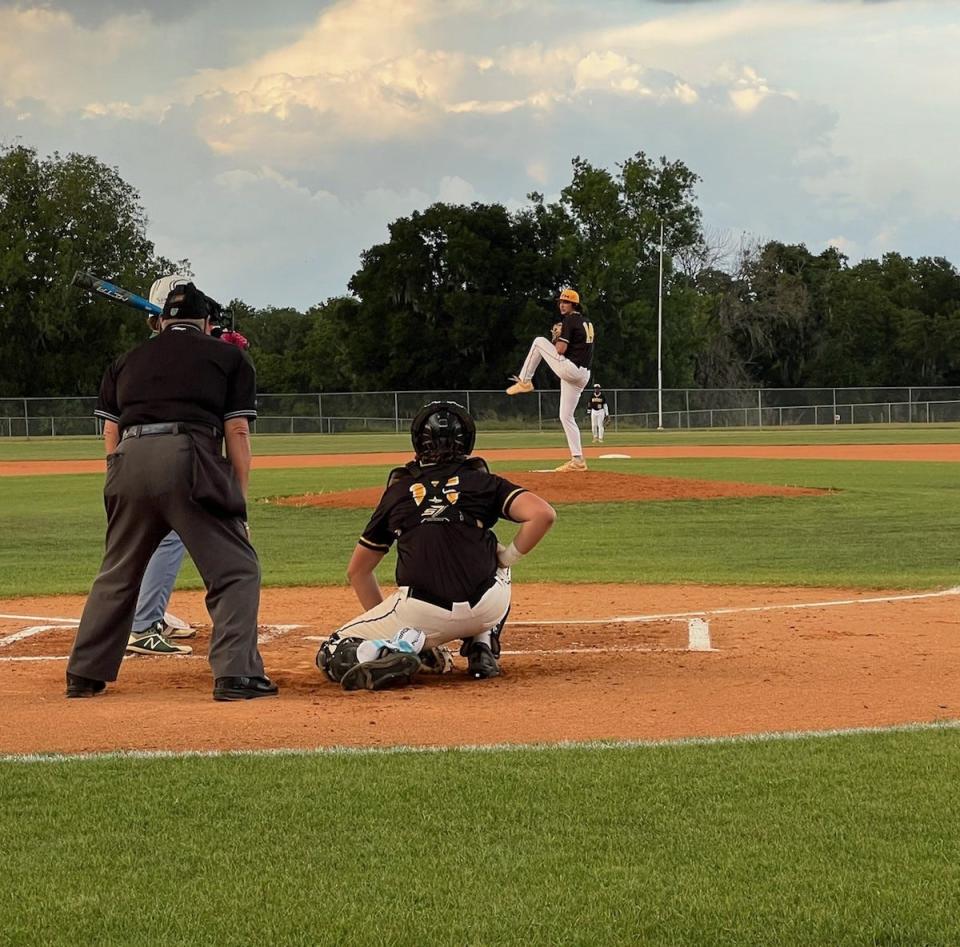 Fort Meade's Carson Montsdeoca pitches in a game against Lake Placid on April 30, 2024 at home. Montsdeoca pitched his 300th strikeout in this game.