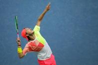 Sep 4, 2016; New York, NY, USA; Lucas Pouille of France serves against Rafael Nadal of Spain (not pictured) on day seven of the 2016 U.S. Open tennis tournament at USTA Billie Jean King National Tennis Center. Mandatory Credit: Geoff Burke-USA TODAY Sports