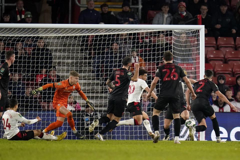 Che Adams, centre, scores Southampton’s second goal (Andrew Matthews/PA) (PA Wire)