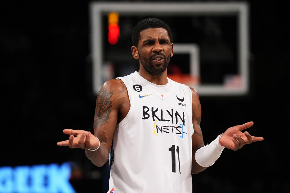 NEW YORK, NEW YORK - JANUARY 26: Kyrie Irving #11 of the Brooklyn Nets in action against the Detroit Pistons at Barclays Center on January 26, 2023 in New York City. NOTE TO USER: User expressly acknowledges and agrees that, by downloading and or using this Photograph, user is consenting to the terms and conditions of the Getty Images License Agreement. Detroit Pistons defeated the Brooklyn Nets 130-122. (Photo by Mike Stobe/Getty Images)