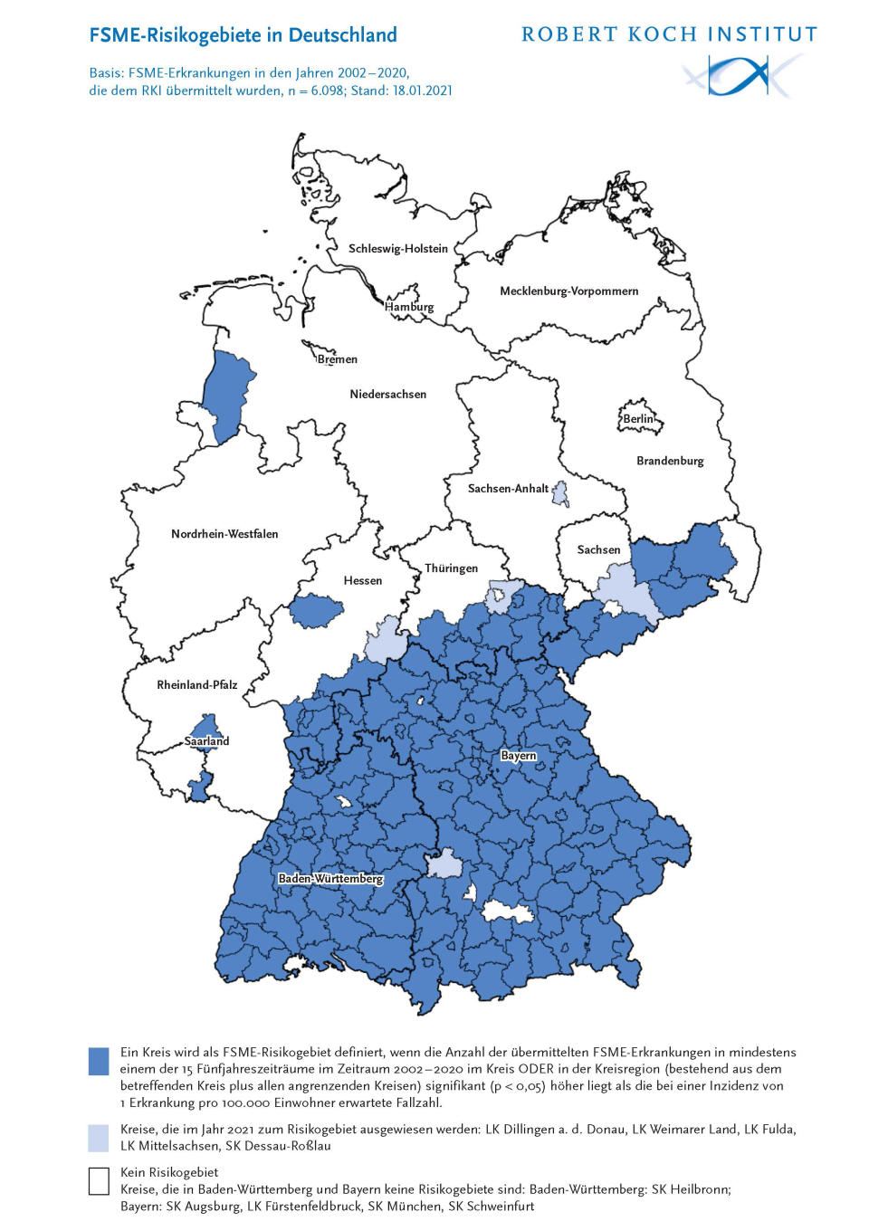 Besonders in Süddeutschland ist die Gefahr der FSME-Infektion hoch (Bild: Robert Koch-Institut, 2021)