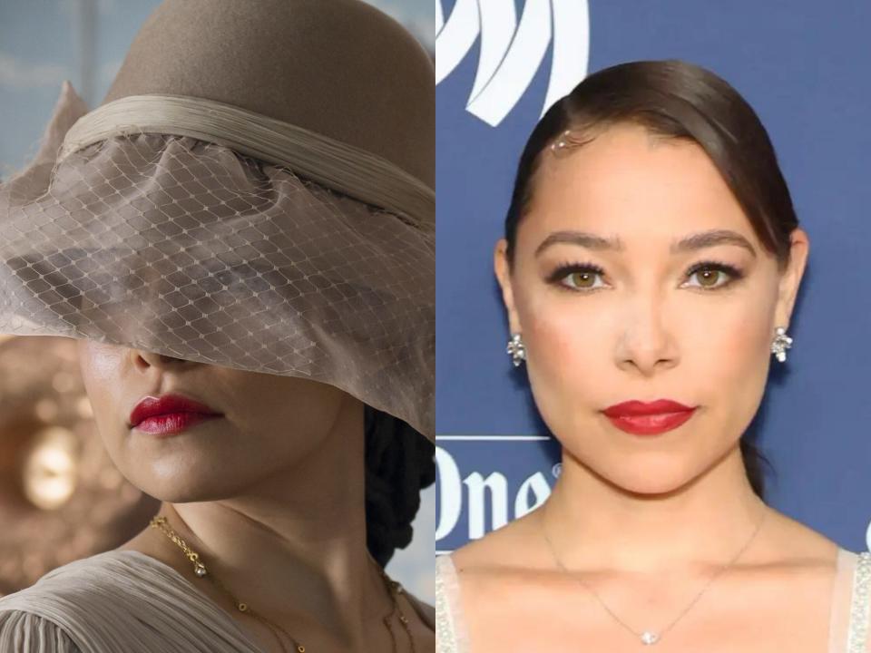 left: medusa, a woman with red lipstick and a hat with a veil over her eyes, in percy jackson; right: Jessica Parker Kennedy standing on a red carpet, smiling slightly and wearing red lipstick