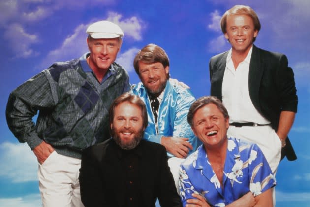 The Beach Boys: Mike Love, Carl Wilson, Brian Wilson, Bruce Johnston and Al Jardine - Credit: Harry Langdon/Getty Images