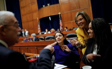 U.S. Rep. Connolly talks with Reps. Ocasio-Cortez, Ayanna Pressley (D-MA) departs after House Oversight and Reform Committee voted to subpeona White House on Capitol Hill in Washington