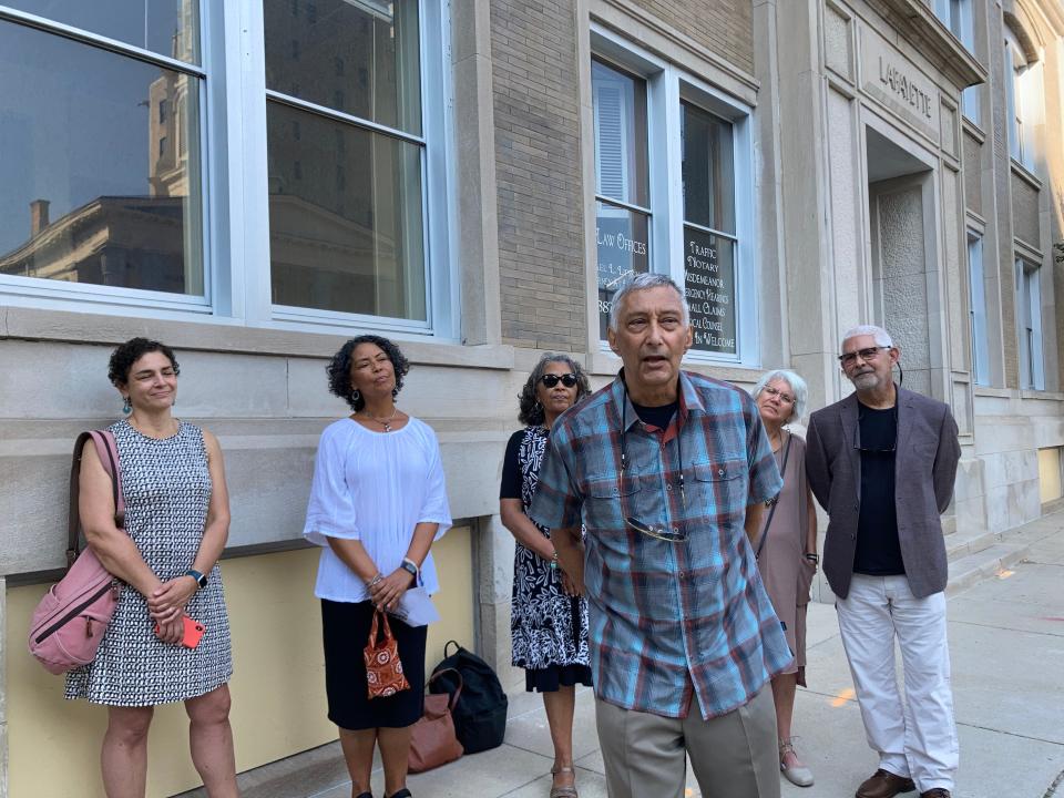 Irving Allen, son of South Bend husband-wife civil rights attorneys J. Chester and Elizabeth Allen, speaks Saturday, Sept. 18, 2021, at the unveiling of a state historical marker dedicated to his parents at the Lafayette Building, 115 S. Lafayette Blvd.