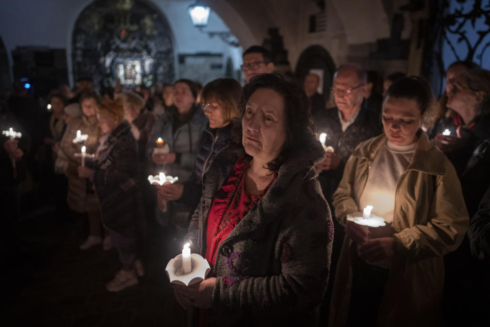 Faithful take part in a pro-life march in Zagreb, Croatia, Friday, March 15, 2024. Scores of religious and neo-conservative groups in recent years have been building up pressure in the staunchly Catholic country, trying to force a ban on abortions. (AP Photo/Darko Bandic)