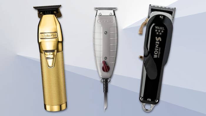 A BabylissPRO GOLDFX outlining trimmer, Andis 04710 professional T-Outliner beard and hair trimmer and Wahl Professional 5 Star Series cordless senior clipper