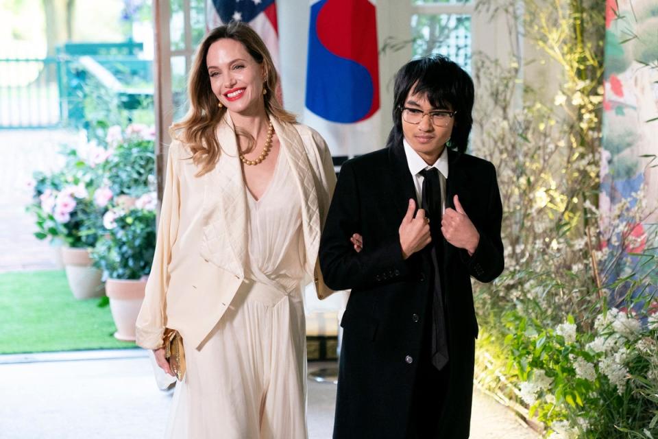 Angelina Jolie and son Maddox arrive for the State Dinner in honour of South Korean President Yoon Suk Yeol, at the White House in Washington, DC, on April 26, 2023 (AFP via Getty Images)