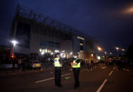 Police presence outside the ground as Leeds United fans celebrate outside Elland Road after Huddersfield Town beat West Bromwich Albion to seal their promotion to the Premier League.