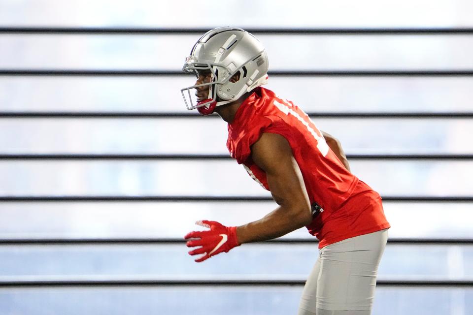 Mar 7, 2023; Columbus, Ohio, USA;  Ohio State Buckeyes wide receiver Carnell Tate (17) runs a route during spring football drills at the Woody Hayes Athletic Center. Mandatory Credit: Adam Cairns-The Columbus Dispatch