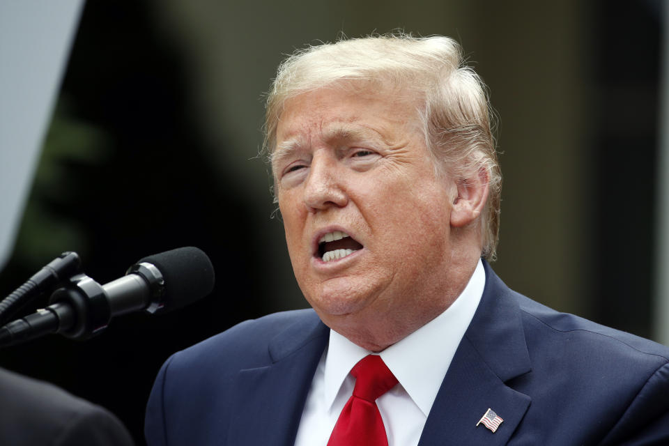 President Donald Trump speaks in the Rose Garden of the White House, Friday, May 29, 2020, in Washington. (AP Photo/Alex Brandon)