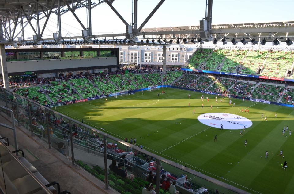 Aerial view of the field at Q2 Stadium, home of Austin FC in Austin, TX