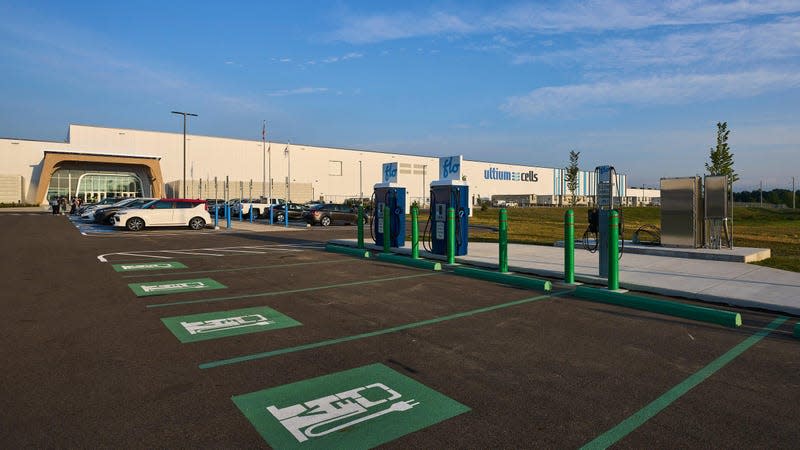 Charging stations in front of the Ultium Cells plant in Warren, Ohio