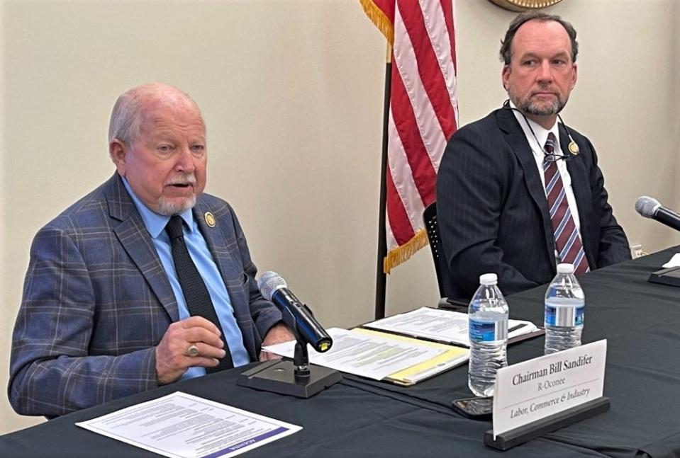 State Rep. Bill Sandifer, R-Oconee, left, and Rep. Bruce Bannister, chairman of the House Ways and Means Committee, R-Greenville, address the media during a legislative preview in Columbia, Monday.