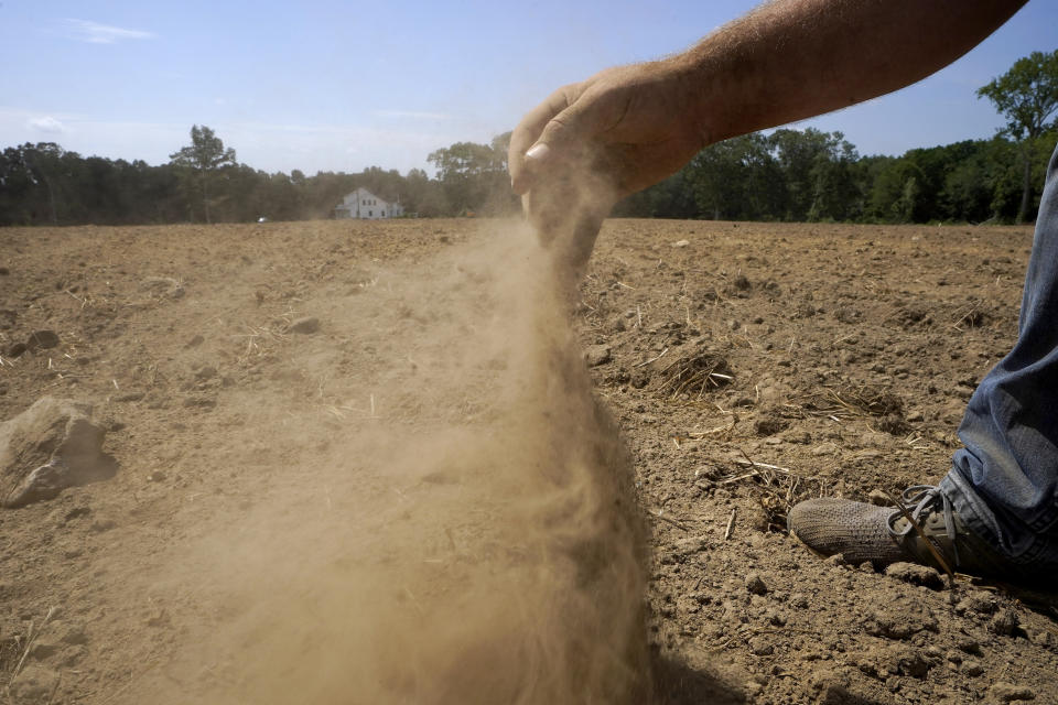 FILE - Hay farmer Milan Adams releases a handful of dry soil in a recently plowed field, in Exeter, R.I., Tuesday, Aug. 9, 2022. Adams said the soil in the field is powder a foot down. The silver lining to the drought affecting the northeastern U.S. that has dried up rivers and reservoirs, and brought water use restrictions may be that the arid conditions have benefited amusement parks, minor league baseball teams, construction contractors, and other businesses that need warm, dry weather to attract paying customers and get jobs completed on time. (AP Photo/Steven Senne, File)