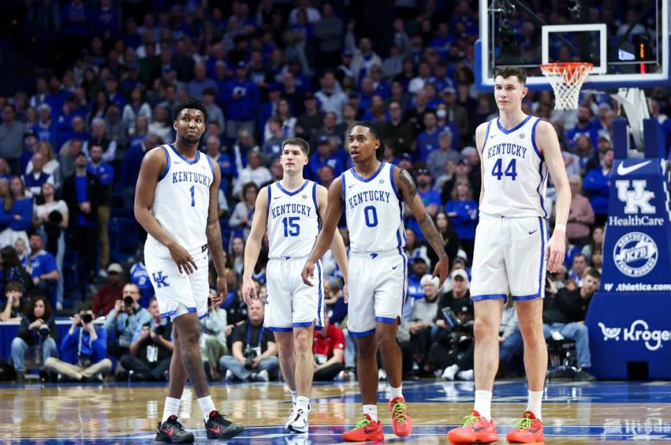 Former Kentucky players, from left, Justin Edwards, Reed Sheppard and Rob Dillingham are projected to be selected in the NBA draft this month, while Zvonimir Ivisic, far right, has transferred to Arkansas to play for John Calipari next season.