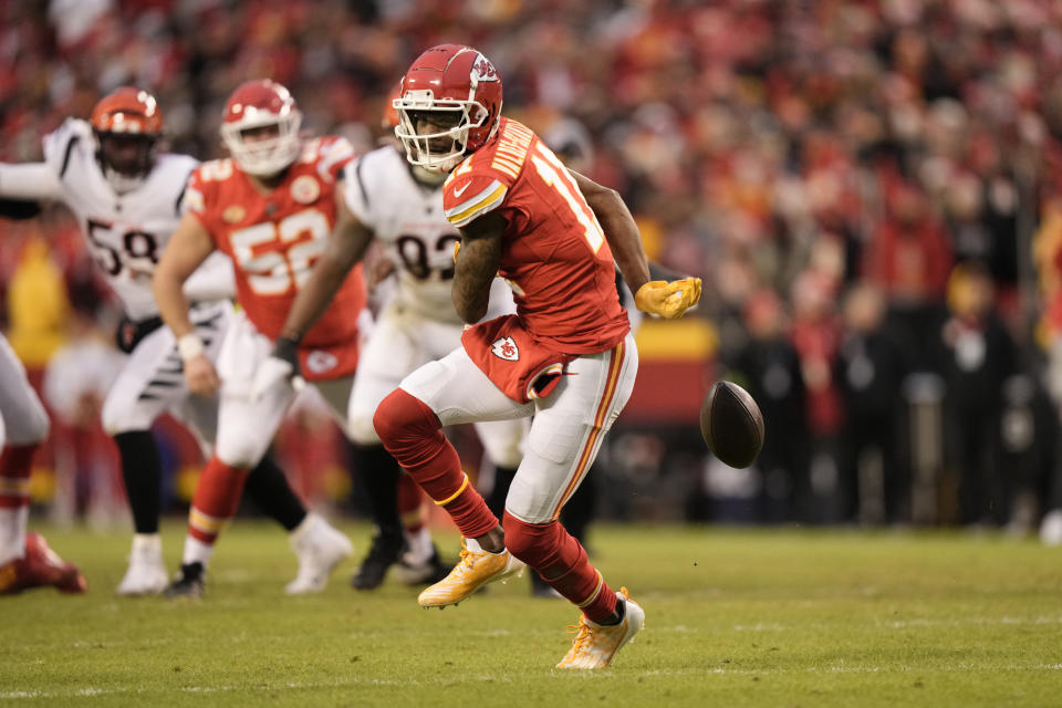 Kansas City Chiefs wide receiver Marquez Valdes-Scantling drops a pass during the first half of an NFL football game against the Cincinnati Bengals Sunday, Dec. 31, 2023, in Kansas City, Mo. (AP Photo/Charlie Riedel)
