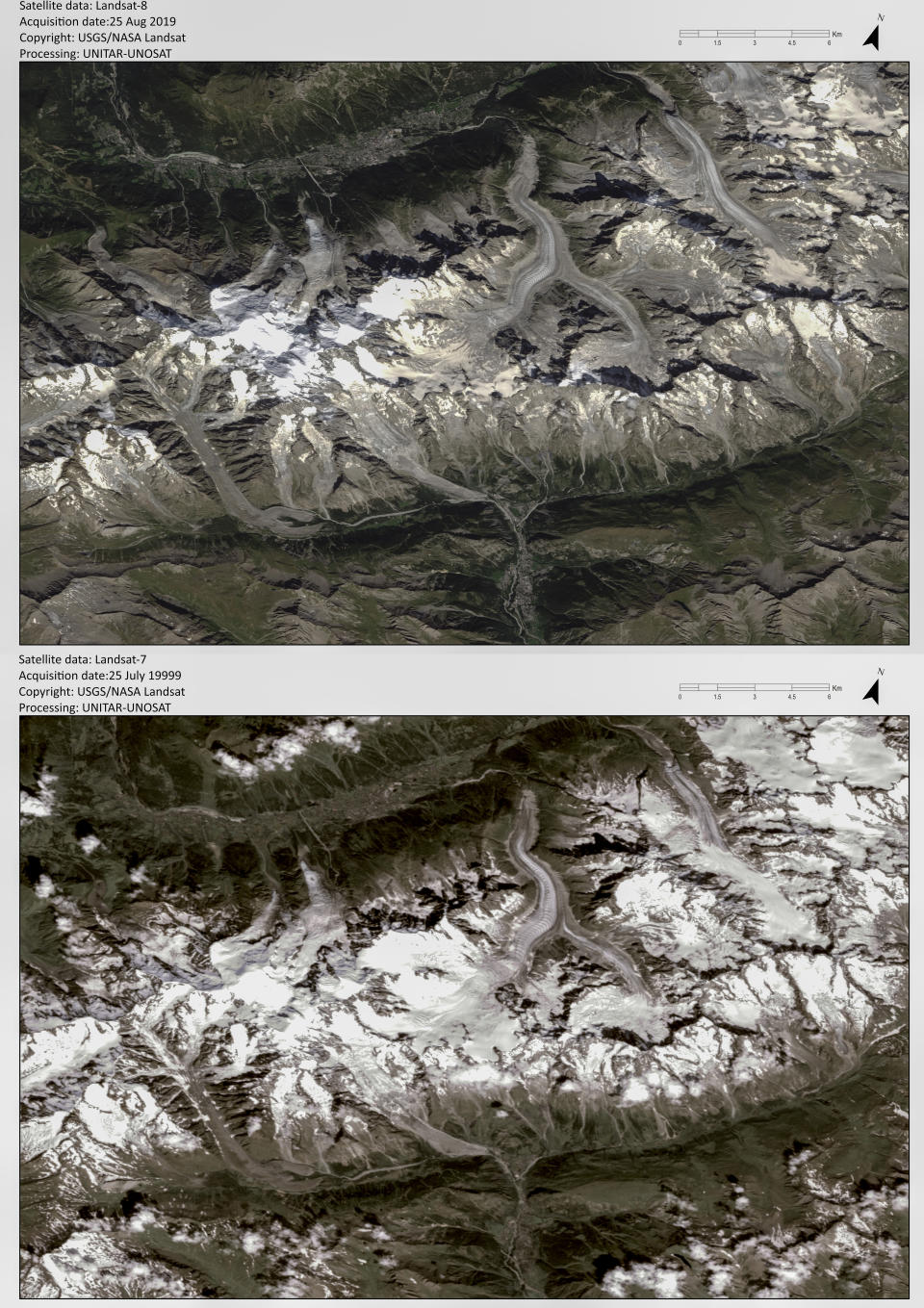 This combo photo contains two satellite images of the Mont Blanc massif in the Italian Alps near Courmayeur, provided by UNITAR-UNOSAT, and taken by USGS/NASA on Sunday, Aug. 25, 2019, at top, and on Sunday, July 25, 1999, at bottom. Italian officials sounded an alarm Wednesday, Sept. 25, 2019, over climate change due to the threat that a fast-moving melting glacier, located on the Grande Jorasses peak of the massif, is posing to a picturesque valley near the Alpine town of Courmayeur. The glacier, which spreads 1,327 square kilometers (512 square miles) across the mountain, has been moving up to 50 centimeters (nearly 20 inches) a day. (USGS/NASA via AP)