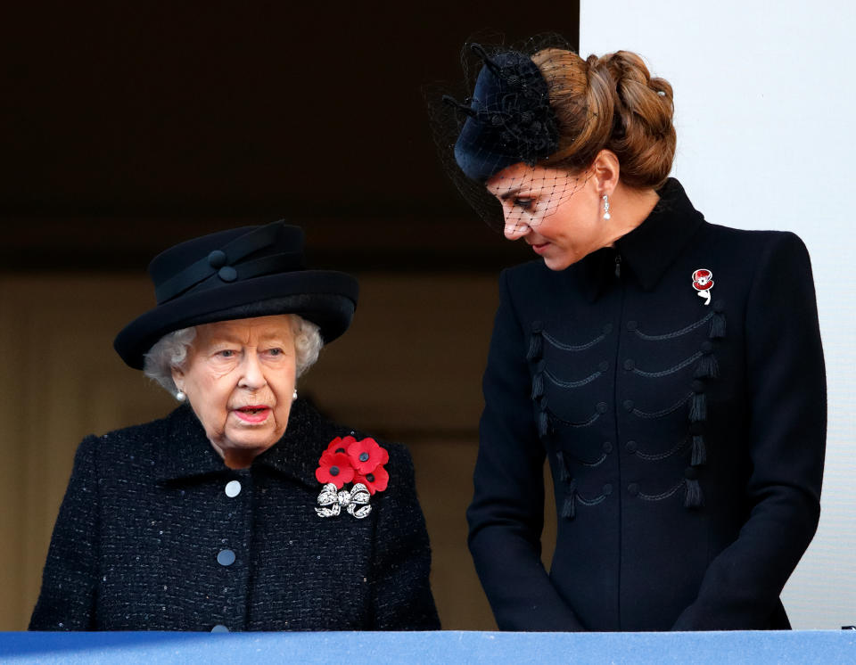 LONDON, UNITED KINGDOM - NOVEMBER 10: (EMBARGOED FOR PUBLICATION IN UK NEWSPAPERS UNTIL 24 HOURS AFTER CREATE DATE AND TIME) Queen Elizabeth II and Catherine, Duchess of Cambridge attend the annual Remembrance Sunday service at The Cenotaph on November 10, 2019 in London, England. The armistice ending the First World War between the Allies and Germany was signed at Compiegne, France on eleventh hour of the eleventh day of the eleventh month - 11am on the 11th November 1918. (Photo by Max Mumby/Indigo/Getty Images)