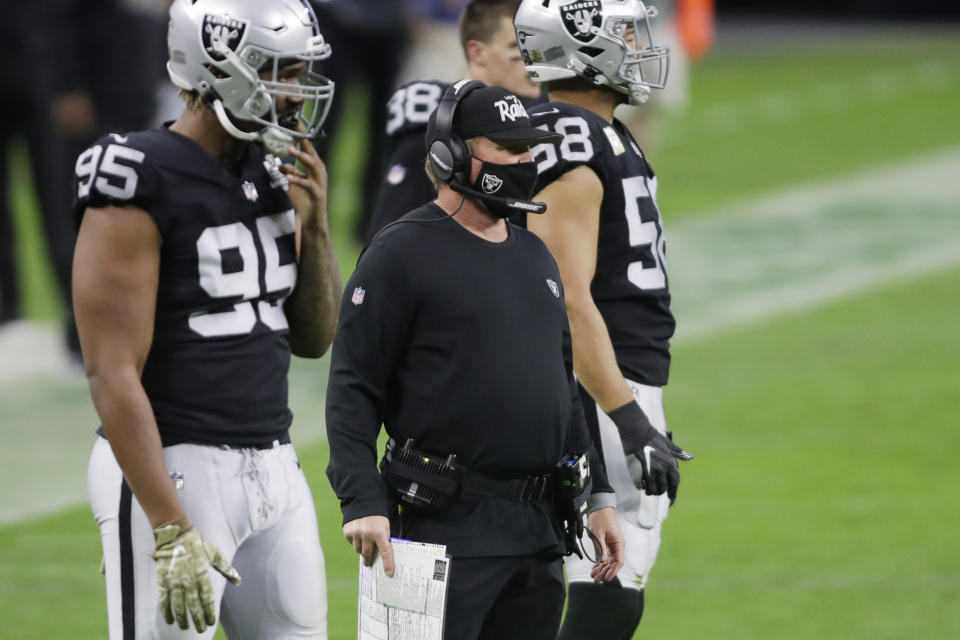 Las Vegas Raiders head coach Jon Gruden watches from the sideline during the second half of an NFL football game against the Denver Broncos, Sunday, Nov. 15, 2020, in Las Vegas. (AP Photo/Isaac Brekken)