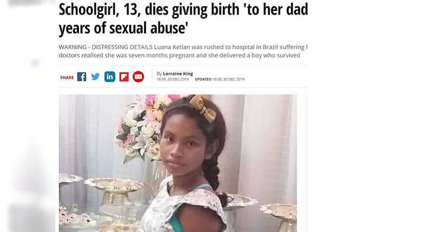 巴西狼父把女兒當性奴 性侵，13歲女兒懷孕不幸身亡。（圖／翻攝自mirror.co.uk）