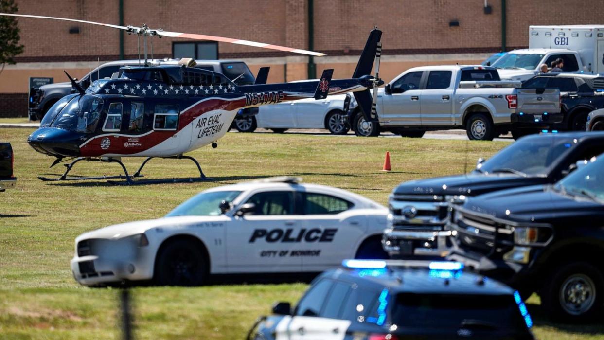 PHOTO: A medical helicopter is seen outside Apalachee High School after a school shooting, Sept. 4, 2024, in Winder, Georgia. (Mike Stewart/AP)