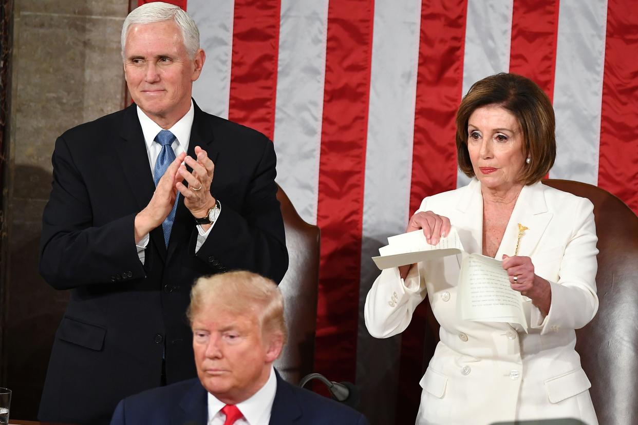 <p>Nancy Pelosi tears up Donald Trump’s State of the Union speech in 2020</p> (Getty Images)