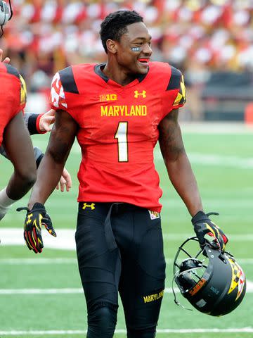 <p>G Fiume/Maryland Terrapins/Getty</p> Stefon Diggs celebrates after a Maryland touchdown against the Iowa Hawkeyes on October 18, 2014 in College Park, Maryland.