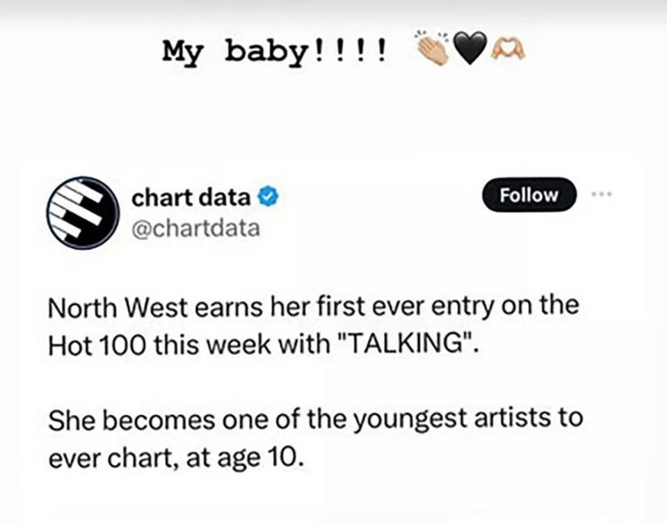 Chart data tweet celebrates a 10-year-old artist's first entry on the Hot 100, expressing pride and marking a milestone