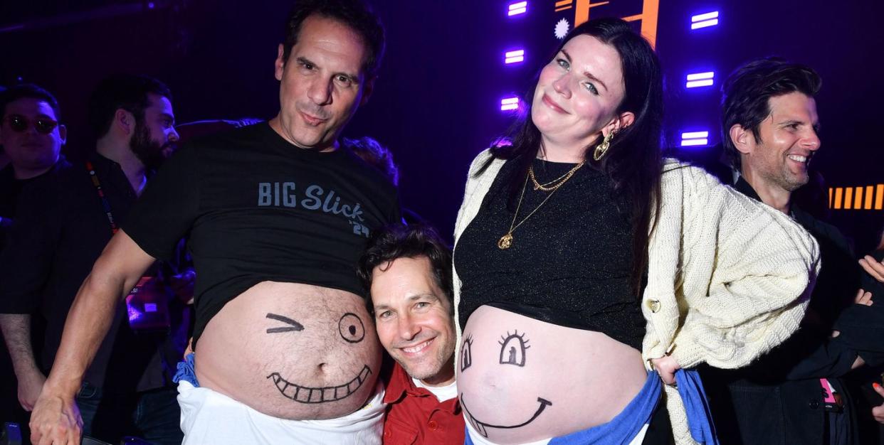 seth herzog, paul rudd and aisling bea with her baby bump, big slick party