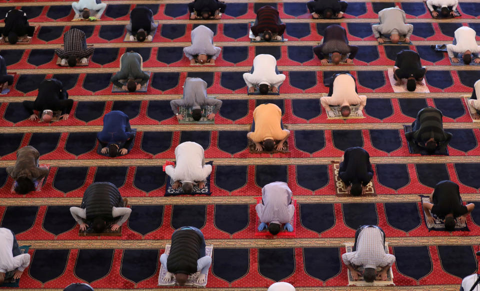 Worshippers observe social distancing at Friday prayers at al-Amin mosque in Beirut, Lebanon.