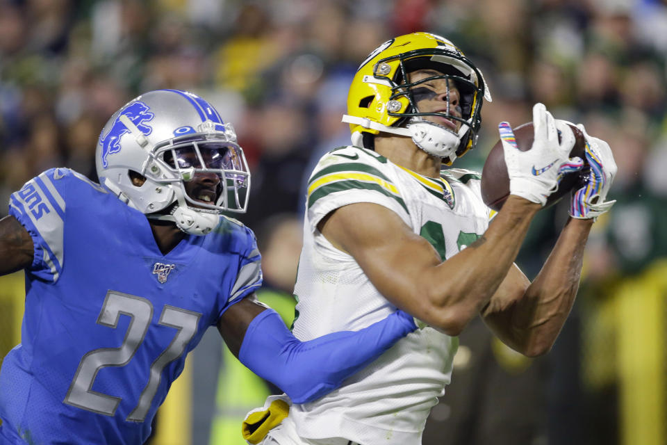 Green Bay Packers receiver Allen Lazard pulls in a 35-yard touchdown on Monday night, the first touchdown of his career. (AP) 