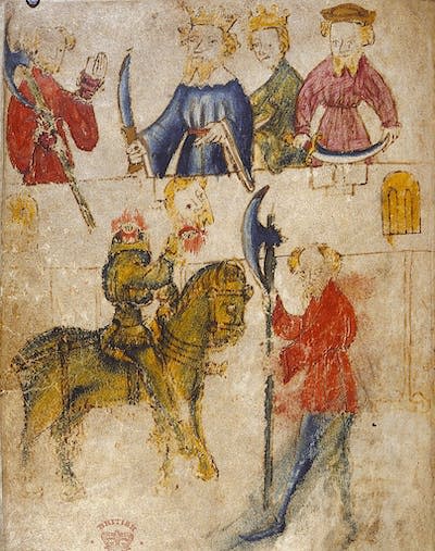 Sir Gawain y el Caballero Verde (y su cabeza). Ilustración que forma parte de <em>Sir Gawain y el Caballero Verde</em> (Cotton Nero A.X), de finales del siglo XIV. <a href="https://digitalcollections.ucalgary.ca/Browse/Collections/Gawain-Manuscript/" rel="nofollow noopener" target="_blank" data-ylk="slk:British Library;elm:context_link;itc:0;sec:content-canvas" class="link ">British Library</a>