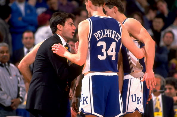 Kentucky coach Rick Pitino talking to John Pelphrey (34) and teammates during game vs Duke at The Spectrum. (Getty) Philadelphia, PA 3/28/1992 CREDIT: John Biever (Photo by John Biever /Sports Illustrated/Getty Images) (Set Number: X42666 )
